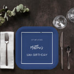 Birthday navy blue white minimalist men guy paper plate<br><div class="desc">A navy blue background decorated with a white frame.  Personalize and add a date,  name,  age.</div>