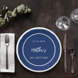 Birthday navy blue white minimalist men guy paper plate<br><div class="desc">A navy blue background decorated with a white frame.  Personalize and add a date,  name,  age.</div>