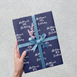 Birthday navy blue white name script minimalist wrapping paper<br><div class="desc">Navy blue background,  white text. Personalize and add a name and age.  A modern hand lettered style script. For both him and her.</div>