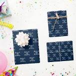 Birthday navy blue white name script wrapping paper sheet<br><div class="desc">Navy blue background,  white coloured text. Personalize and add a name and age.  A modern hand lettered style script.</div>