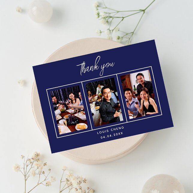 Birthday navy blue white photo guy thank you card (Creator Uploaded)