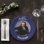 Birthday navy blue white photo paper plate<br><div class="desc">A classic navy blue background. Personalize and add his name,  age and photo. White text,  curved.</div>