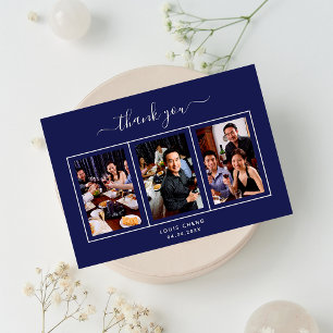 Birthday navy blue white photo script guy men thank you card