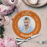 Birthday navy burnt orange photo man myth legend paper plate<br><div class="desc">A trendy burnt orange background.   Text: The Man,  The Myth,  The Legend. Personalize and add his name,  age and photo. White text.</div>