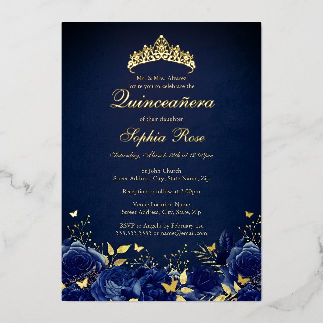 Birthday Navy Floral Butterfly Tiara Quinceanera (Front)