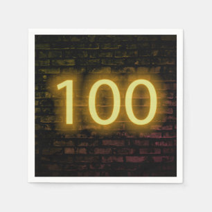 Birthday Neon 100 Sign on Brick Wall  Napkin
