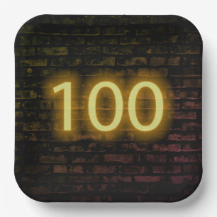 Birthday Neon 100 Sign on Brick Wall Paper Plate