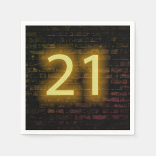 Birthday Neon 21 Sign on Brick Wall Napkin