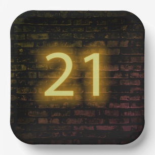 Birthday Neon 21 Sign on Brick Wall Paper Plate