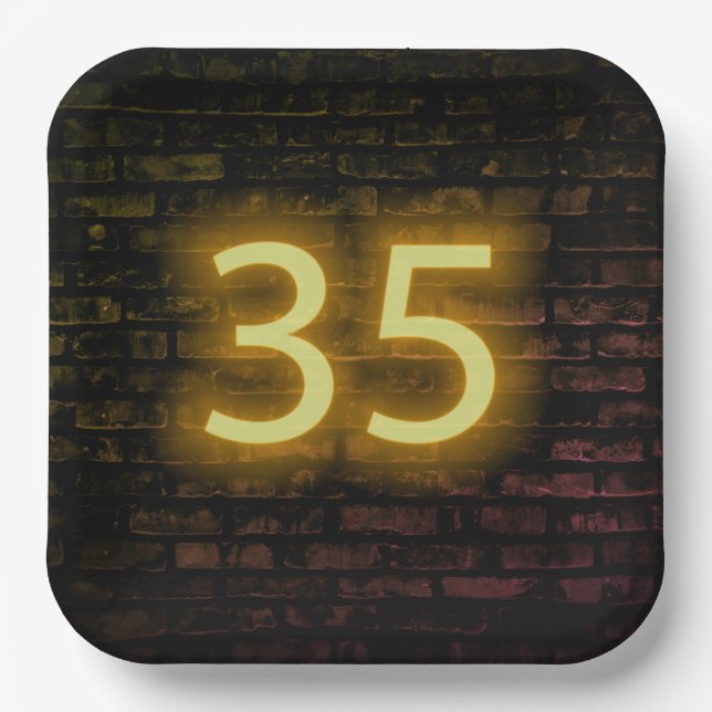 Birthday Neon 35 Sign on Brick Wall   Paper Plate (Front)