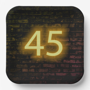 Birthday Neon 45 Sign on Brick Wall Paper Plate
