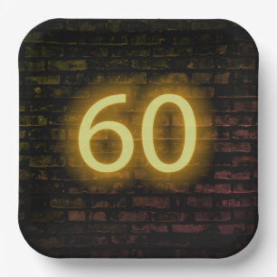 Birthday Neon 60 Sign on Brick Wall Paper Plate