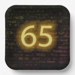 Birthday Neon 65 Sign on Brick Wall Paper Plate