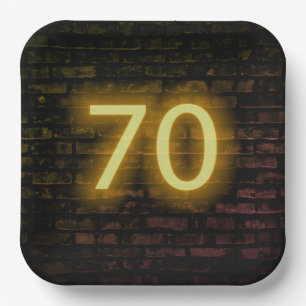 Birthday Neon 70 Sign on Brick Wall Paper Plate