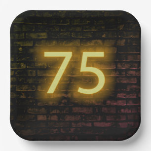 Birthday Neon 75 Sign on Brick Wall Paper Plate