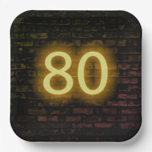 Birthday Neon 80 Sign on Brick Wall Paper Plate
