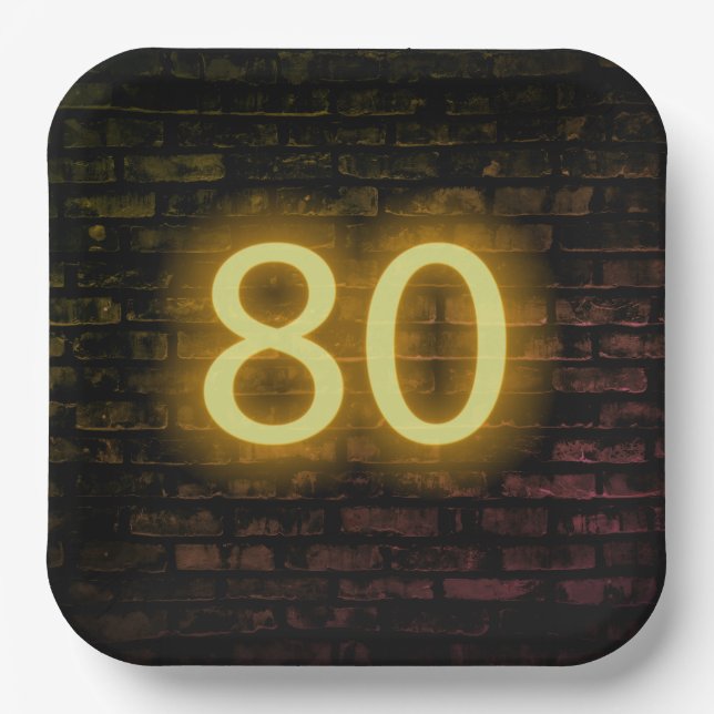 Birthday Neon 80 Sign on Brick Wall   Paper Plate (Front)