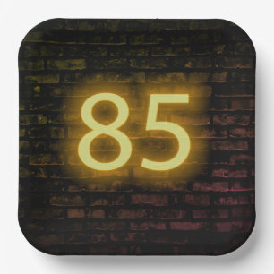 Birthday Neon 85 Sign on Brick Wall Paper Plate