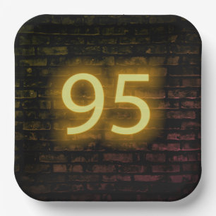 Birthday Neon 95 Sign on Brick Wall Paper Plate