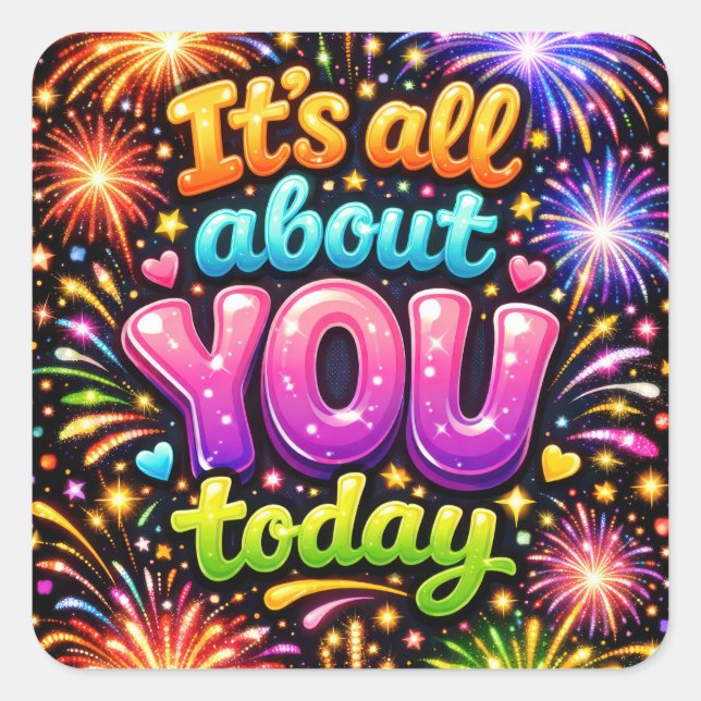 Birthday Neon Fireworks On Black Square Sticker (Front)