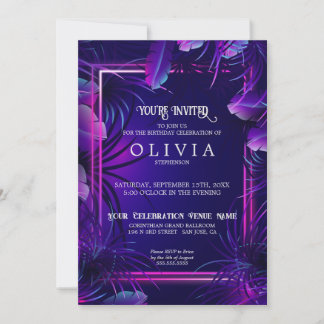 Birthday | Neon Purple Tropical Foliage Invitation