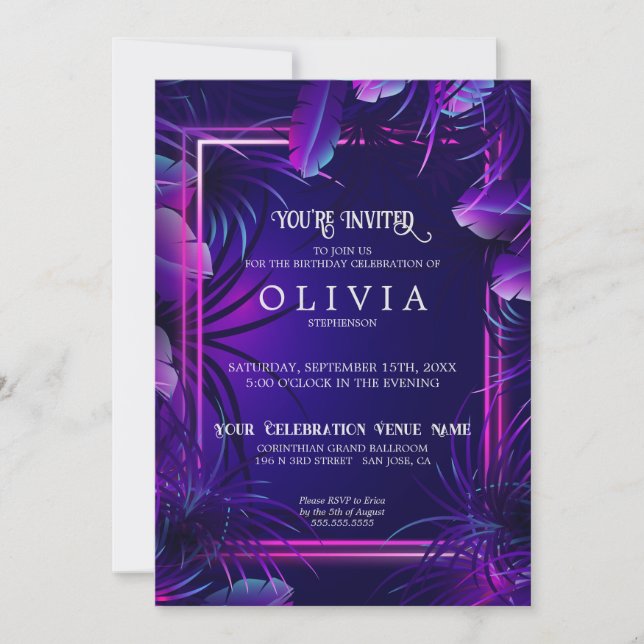 Birthday | Neon Purple Tropical Foliage Invitation (Front)