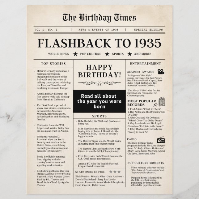 Birthday Newspaper 1935 Sepia (Front)