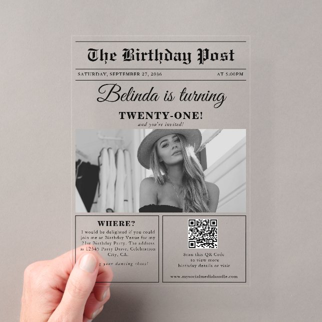 Birthday Newspaper Fun Black & White Photo Acrylic Invitations (Insitu (Handheld))