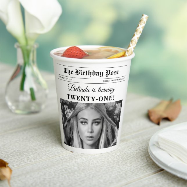Birthday Newspaper Fun Black & White Photo Paper Cups (Insitu)