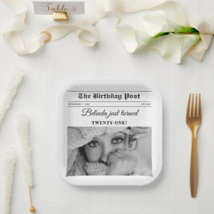 Birthday Newspaper Fun Black & White Photo Paper Plate
