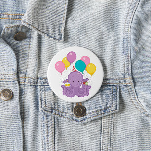 Birthday Octopus with Balloons and Cupcake 3 Inch Round Button
