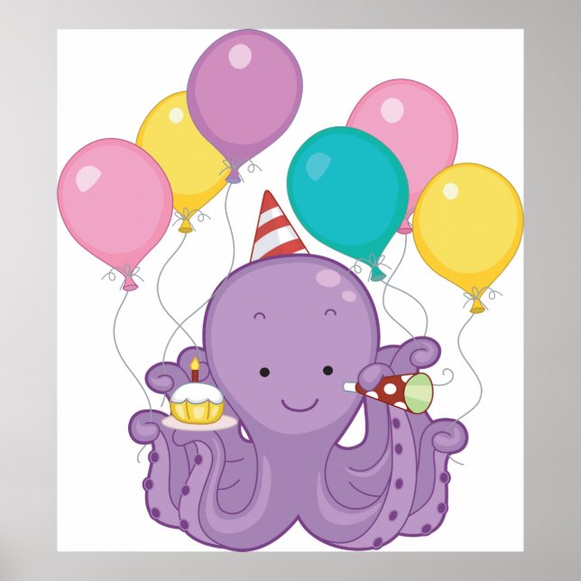 Birthday Octopus with Balloons and Cupcake Poster (Front)