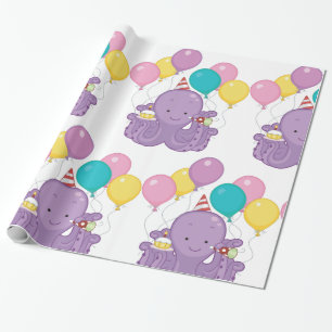 Birthday Octopus with Balloons and Cupcake Wrapping Paper