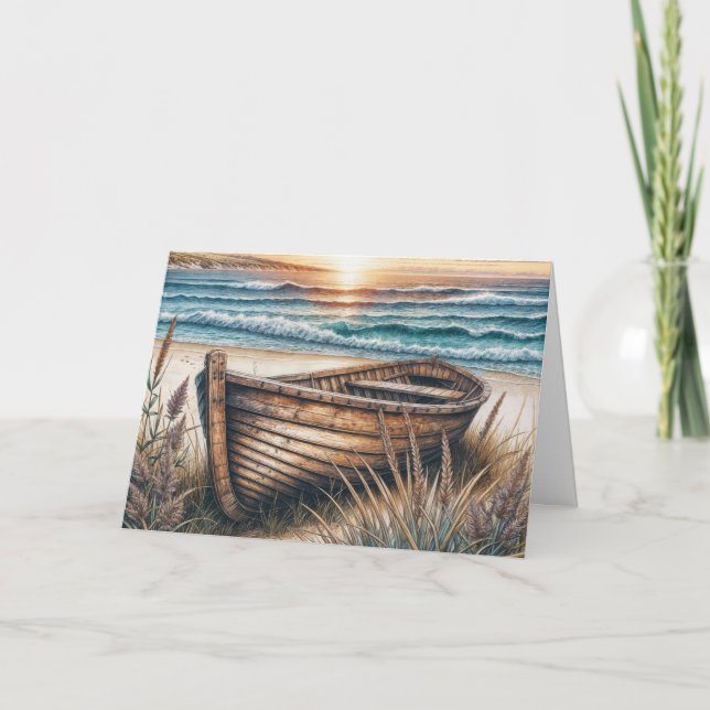 Birthday Old Wooden Rowboat On a Beach Card (Front)