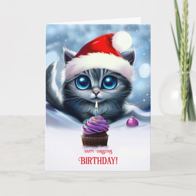 Birthday on Christmas Day Cute Kitten with Cupcake Card (Front)