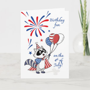 Birthday on July 4th Raccoon Balloons Fireworks Card
