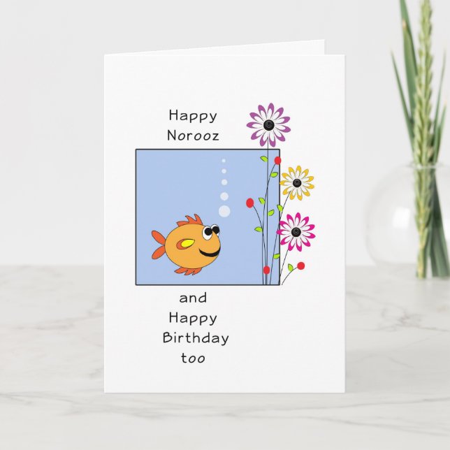 Birthday on Norooz New Year Card with Fish-Flowers (Front)