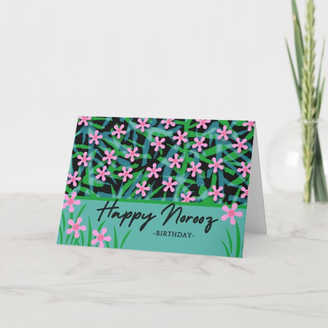Birthday on Norooz Persian New Year Pink Flowers Holiday Card (Front)