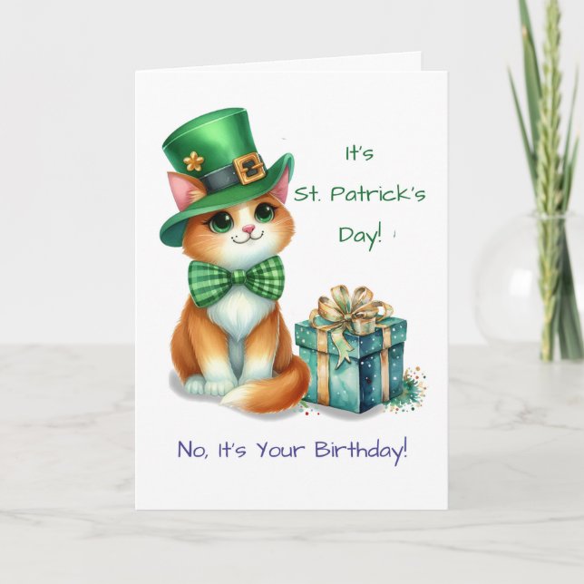 Birthday on St Patrick’s Day Cute Cat with Hat Card (Front)