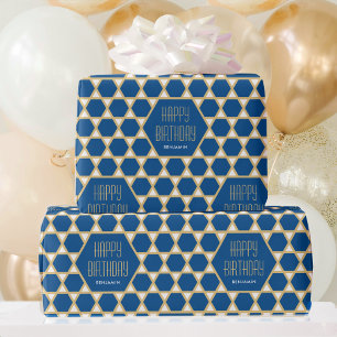 Birthday or Custom Greeting Star Pattern Blue Wrapping Paper