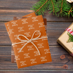 Birthday orange brown rust name wrapping paper sheet