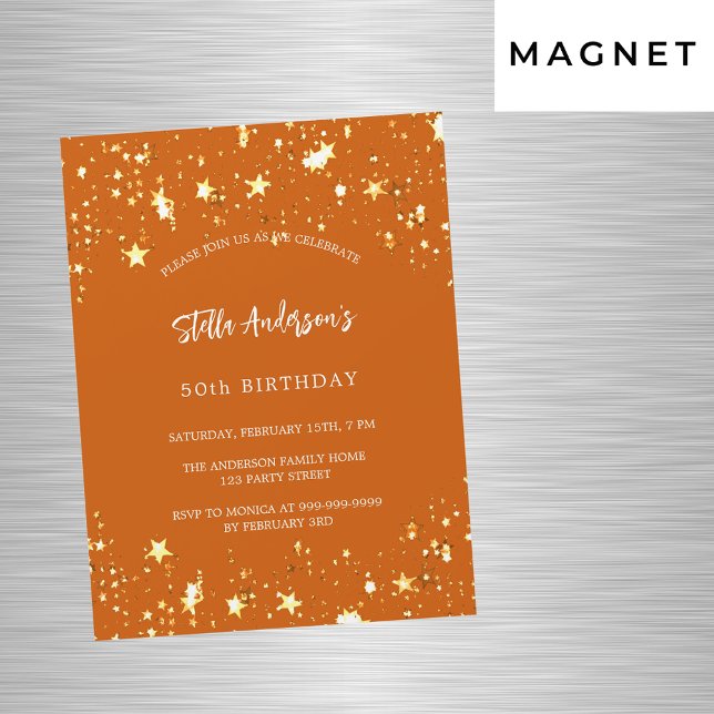 Birthday orange gold stars modern luxury magnetic invitation (Creator Uploaded)