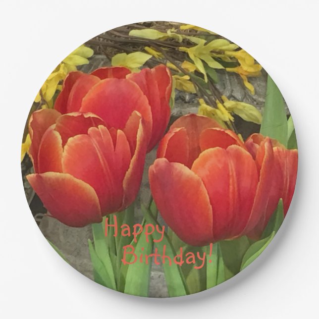 Birthday Orange Red Tulips Paper Plate (Front)