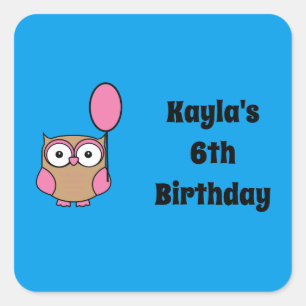 Birthday Owl with Pink Balloon Custom Text Square Sticker