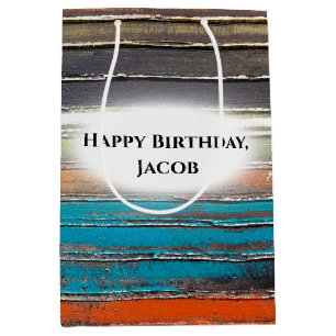 birthday, paint on rustic wood medium gift bag