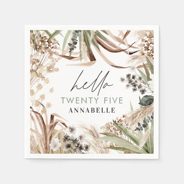 Birthday pampas eucalyptus modern boho party paper napkin (Front)