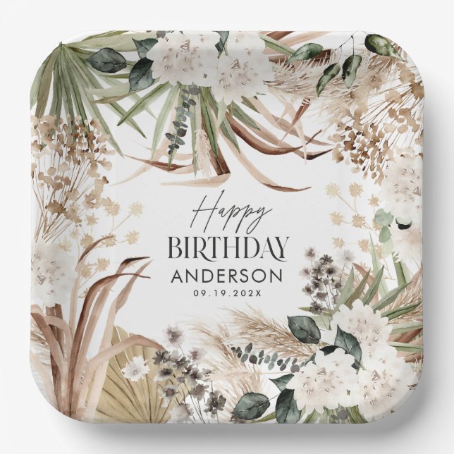 Birthday pampas eucalyptus modern boho party paper plate (Front)