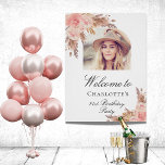 Birthday pampas grass blush rose gold arch photo poster<br><div class="desc">A welcome poster for an elegant and modern birthday party. White background,  decorated with boho style pampas grass and rose gold and blush pink florals.  Personalize and add a photo inside the arch frame,  name and age.</div>