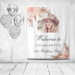Birthday pampas grass blush rose gold arch photo  tapestry<br><div class="desc">A welcome tapestry for an elegant and modern birthday party. White background,  decorated with boho style pampas grass and rose gold and blush pink florals.  Personalize and add a photo inside the arch frame,  name and age.</div>