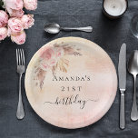 Birthday pampas grass blush rose gold florals paper plate<br><div class="desc">A rustic blush pink,  rose gold gradient background. Decorated with rose gold,  pink florals. Personalize and add a name and age.</div>